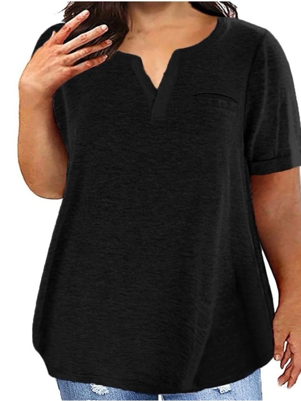 Black Split-Neck Short Sleeve Women's Top
